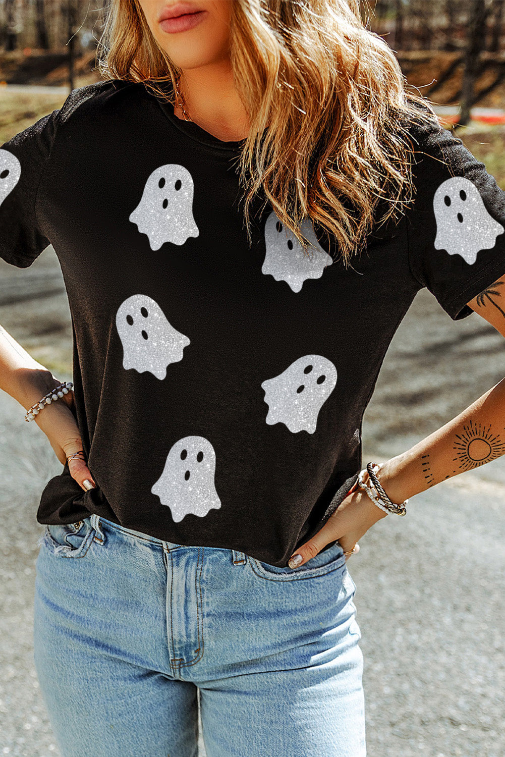 Black Glitter Ghost Pattern Crew Neck Halloween T Shirt - Aaria Tees Aaria Tees