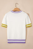 White Mardi Gras Tinsel Letter Graphic Short Sleeve Sweater - Aaria Tees Aaria Tees