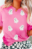 Black Sequin Halloween Ghost Patched Casual T Shirt Aaria Tees