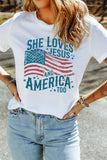 White She Loves Jesus and America Flag Graphic Tee Aaria Tees