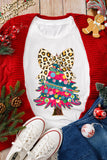 White Leopard Bow Décor Christmas Tree Graphic Crew Neck Tee - Aaria Tees Aaria Tees