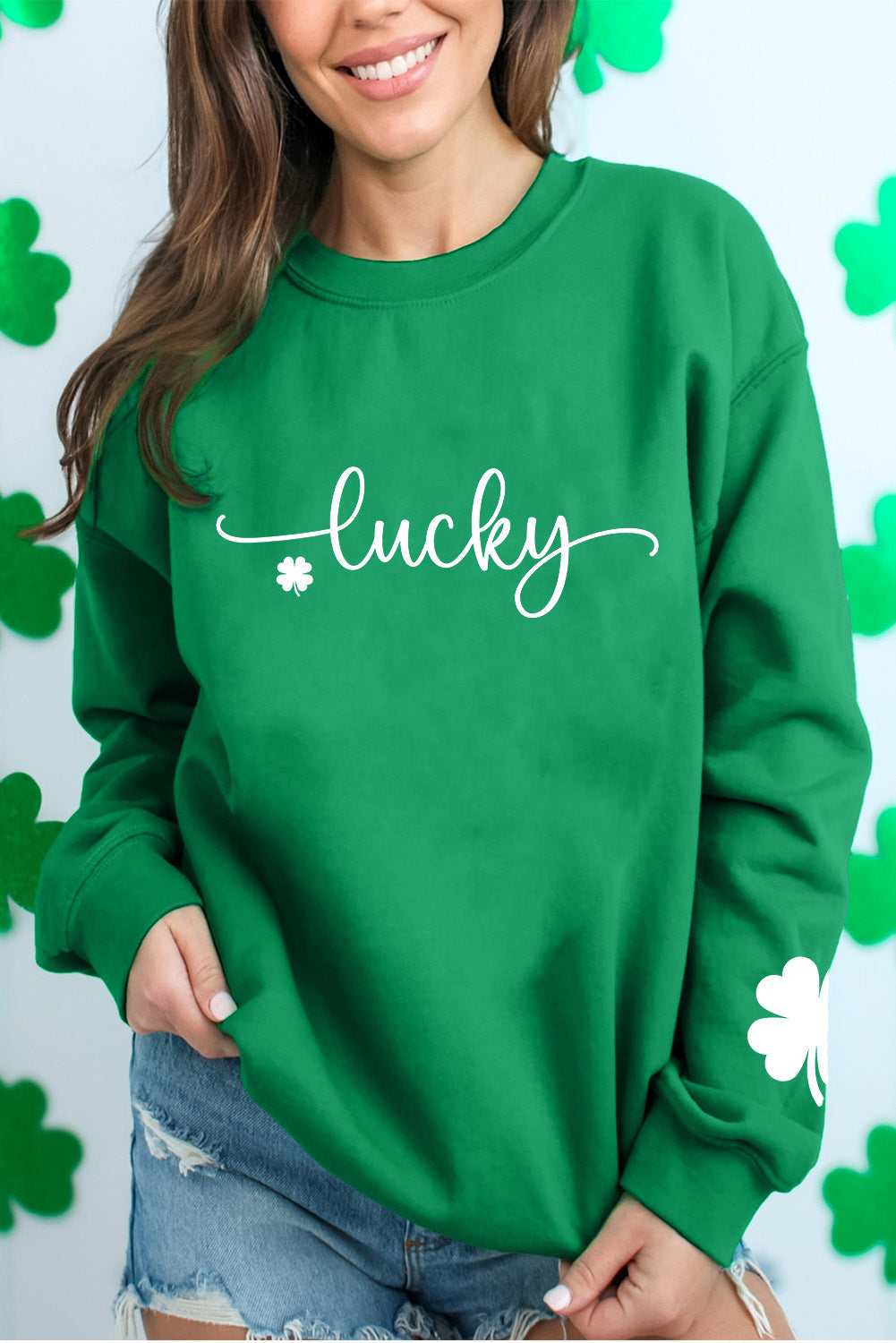 Dark Green Lucky Four Leaf Clover Graphic St Patricks Pullover Sweatshirt - Aaria Tees Aaria Tees