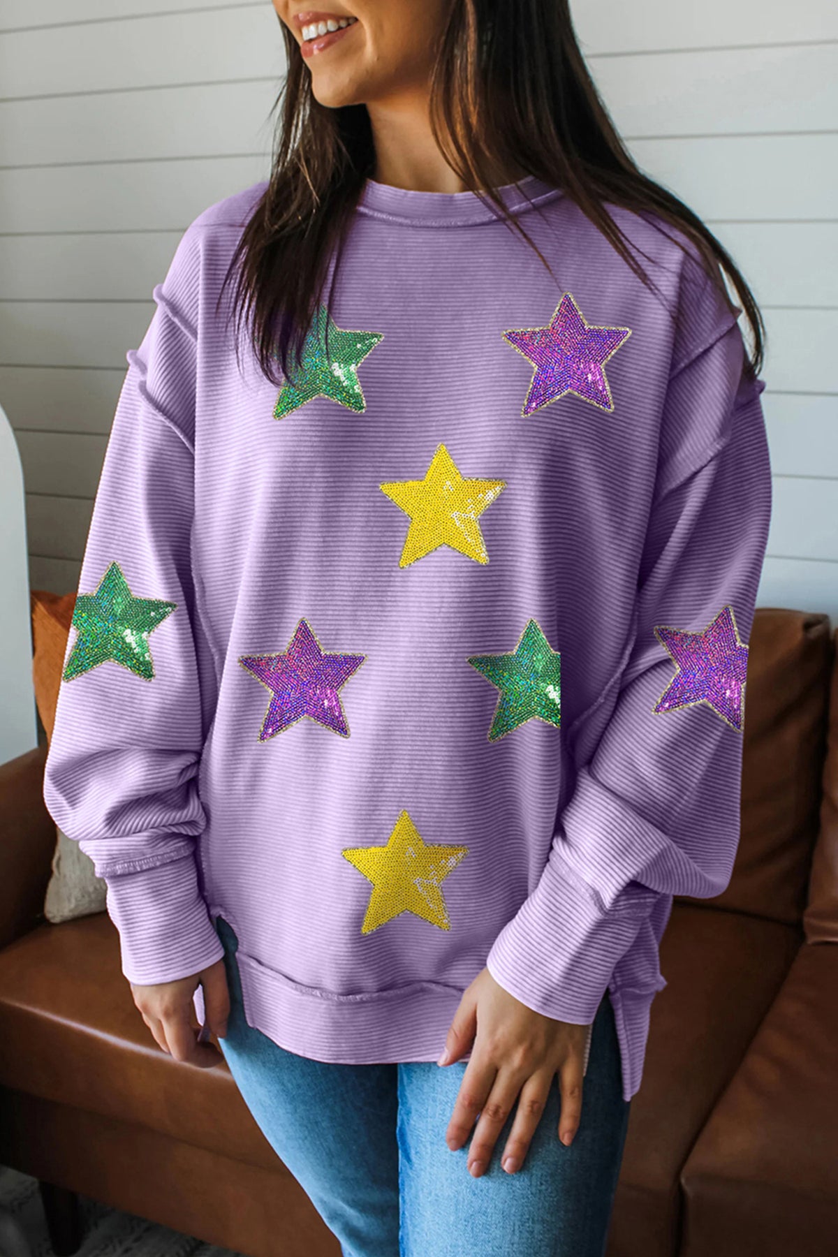 Lavendula Mardi Gras Holiday Sequined Star Patched Patterned Top - Aaria Tees