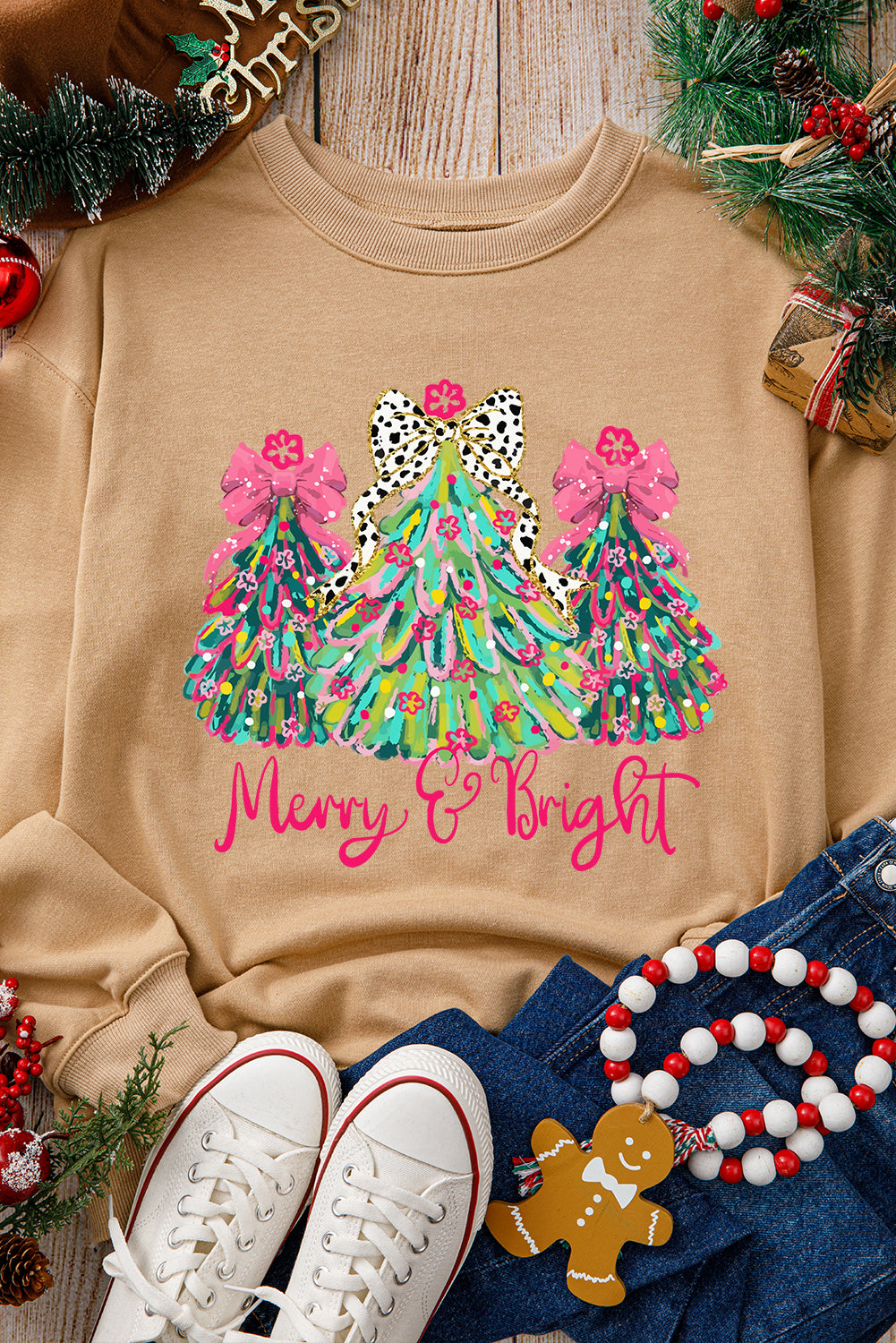 Khaki Merry & Bright Christmas Tree Print Pullover Sweatshirt - Aaria Tees Aaria Tees