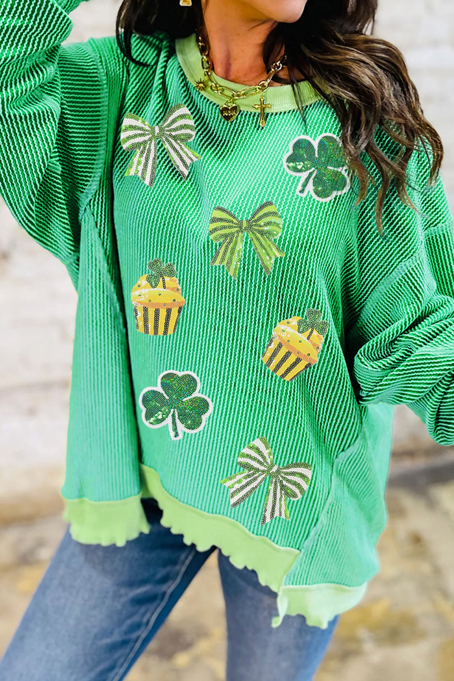 Bright Green Twisted Rib St Patricks Day Sequin Patch Graphic Long Sleeve Top - Aaria Tees Aaria Tees