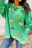 Bright Green Twisted Rib St Patricks Day Sequin Patch Graphic Long Sleeve Top - Aaria Tees Aaria Tees