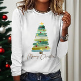 Women’s Long Sleeve Merry Christmas T-Shirt – Cute Christmas Tree Graphic Tee Aaria Tees