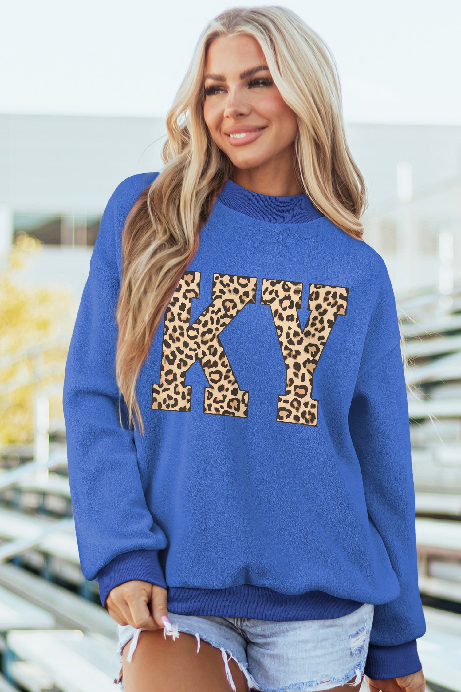 Dark Blue KENTUCKY Leopard KY Letter Print Reversible High Neck Sweatshirt - Aaria Tees Aaria Tees
