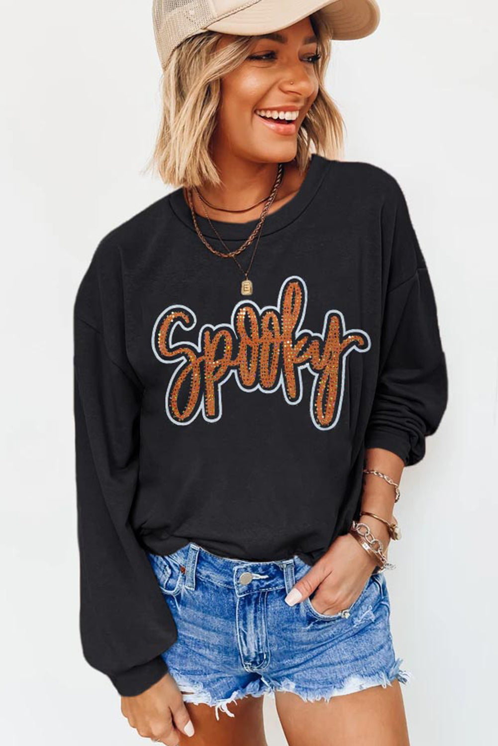 Black Spooky Rhinestone Drop Shoulder Graphic Sweatshirt - Aaria Tees Aaria Tees