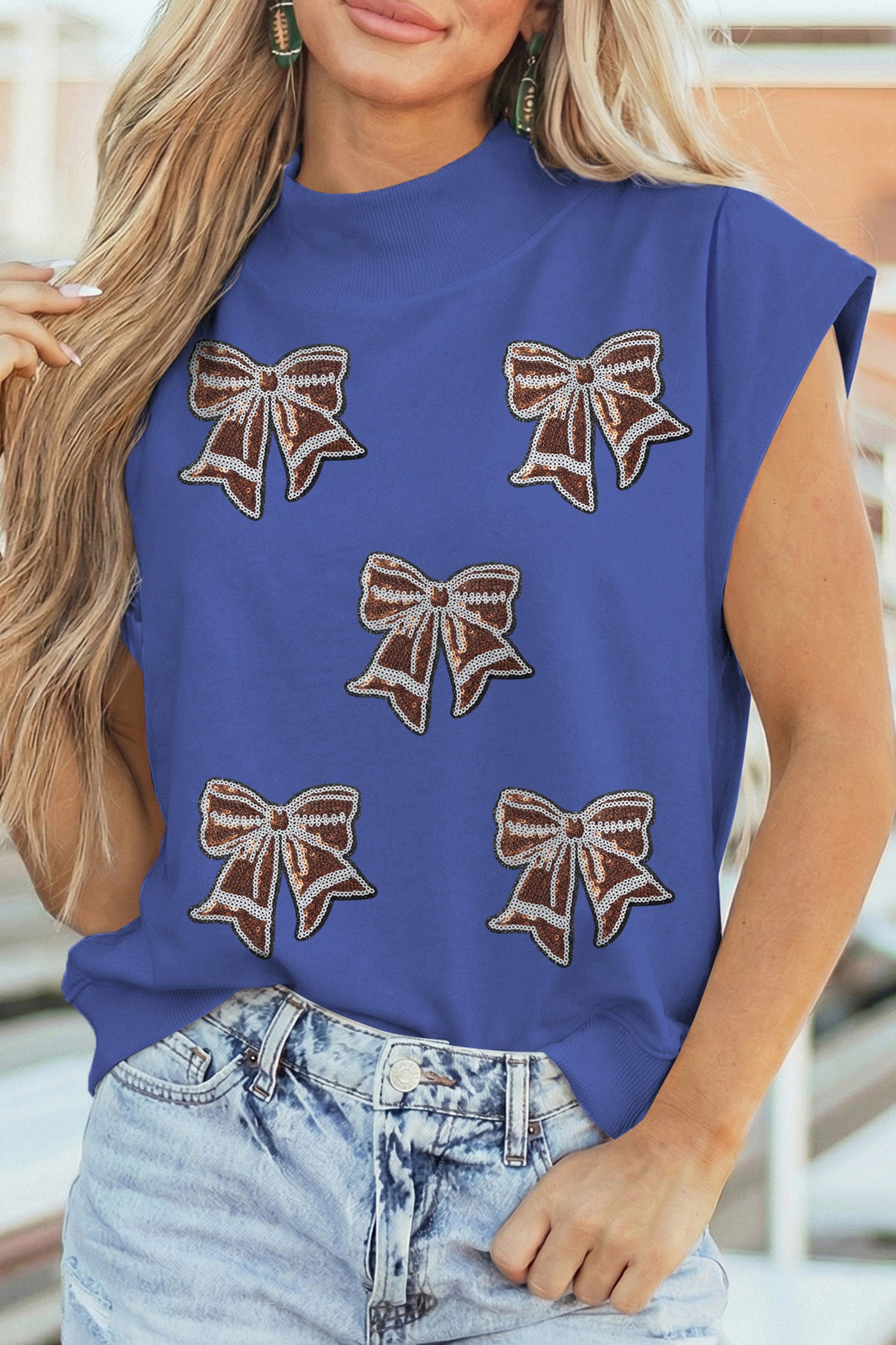 Sky Blue Game Day Sequin Bow High Neck Short Sleeve Top - Aaria Tees Aaria Tees