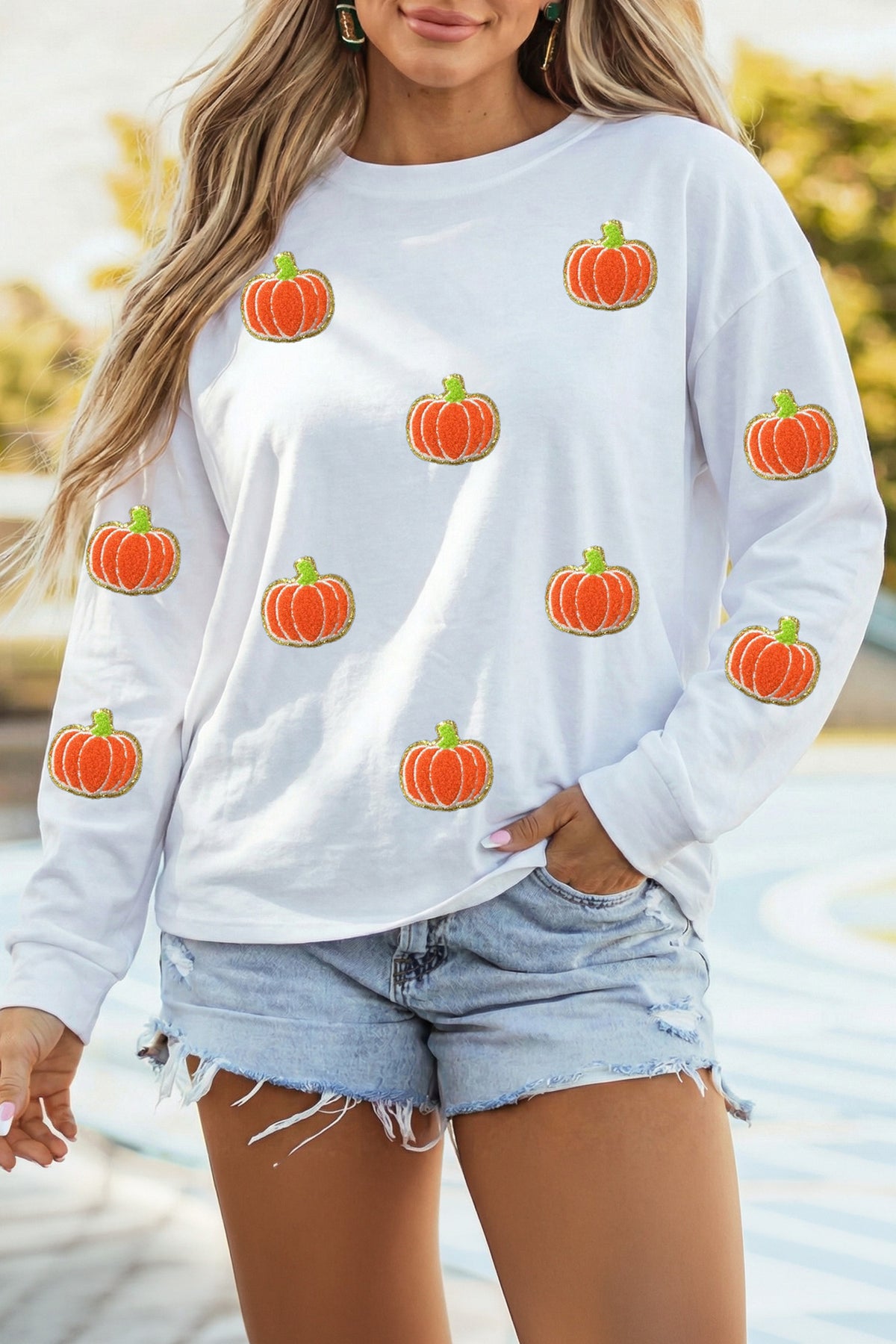 White Glitter Chenille Pumpkin Patch Graphic Long Sleeve Top - Aaria Tees