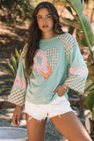 Beige Plaid Floral Peace Heart Graphic Wide Long Sleeve Top - Aaria Tees Aaria Tees