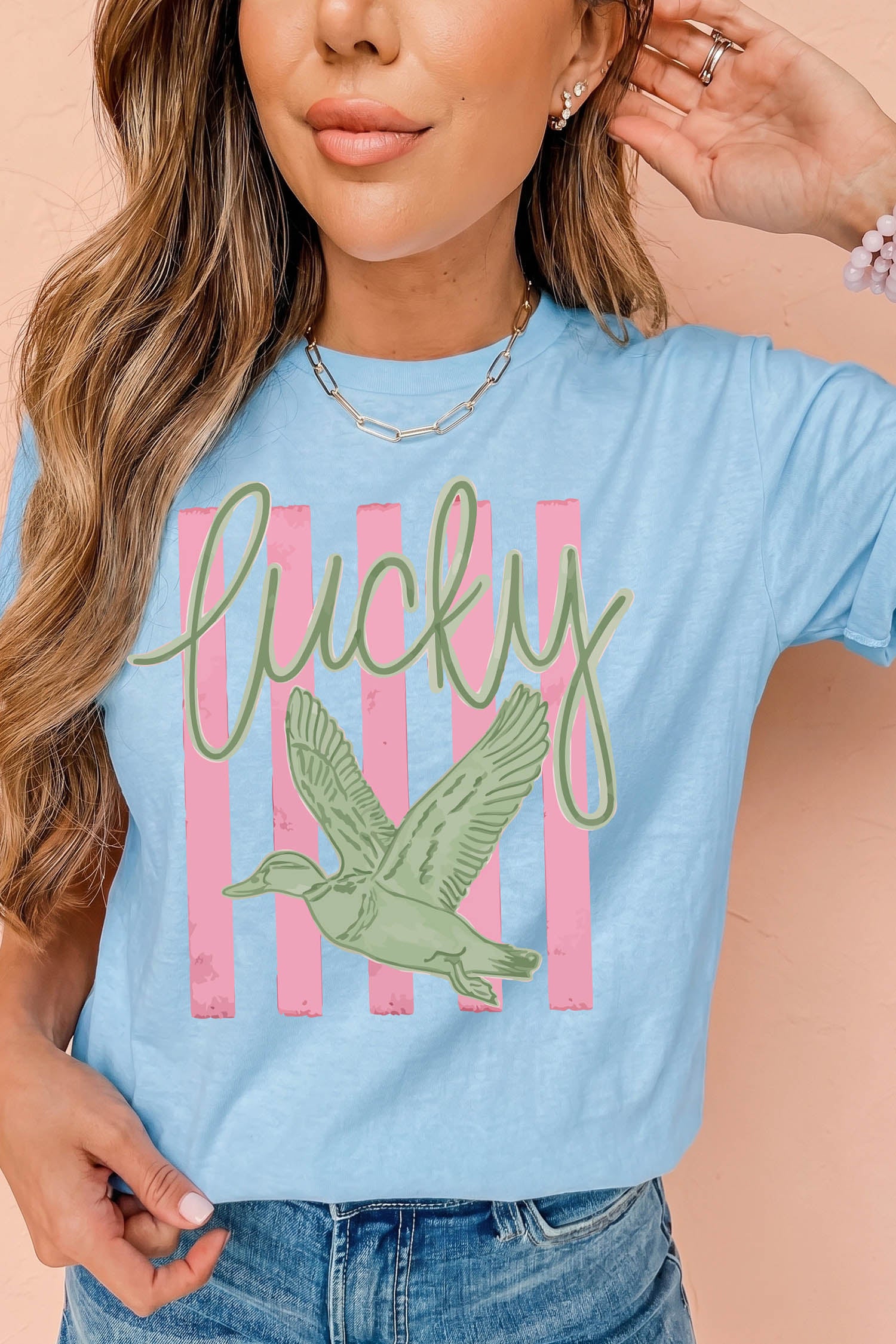 Light Blue Lucky Duck Print Casual Round Neck T Shirt - Aaria Tees Aaria Tees