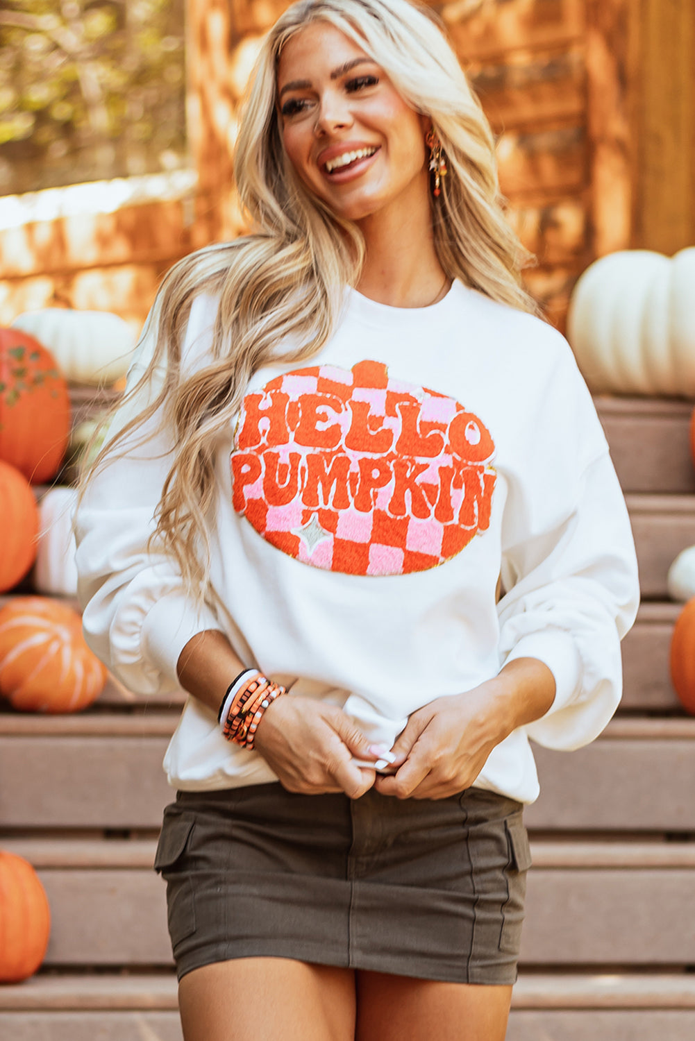 White Terry Halloween Pumpkin Patched Pattern Pullover Sweatshirt - Aaria Tees Aaria Tees