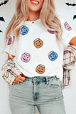 White Sequin Pumpkin Face Patched Crew Neck Holiday T Shirt Aaria Tees