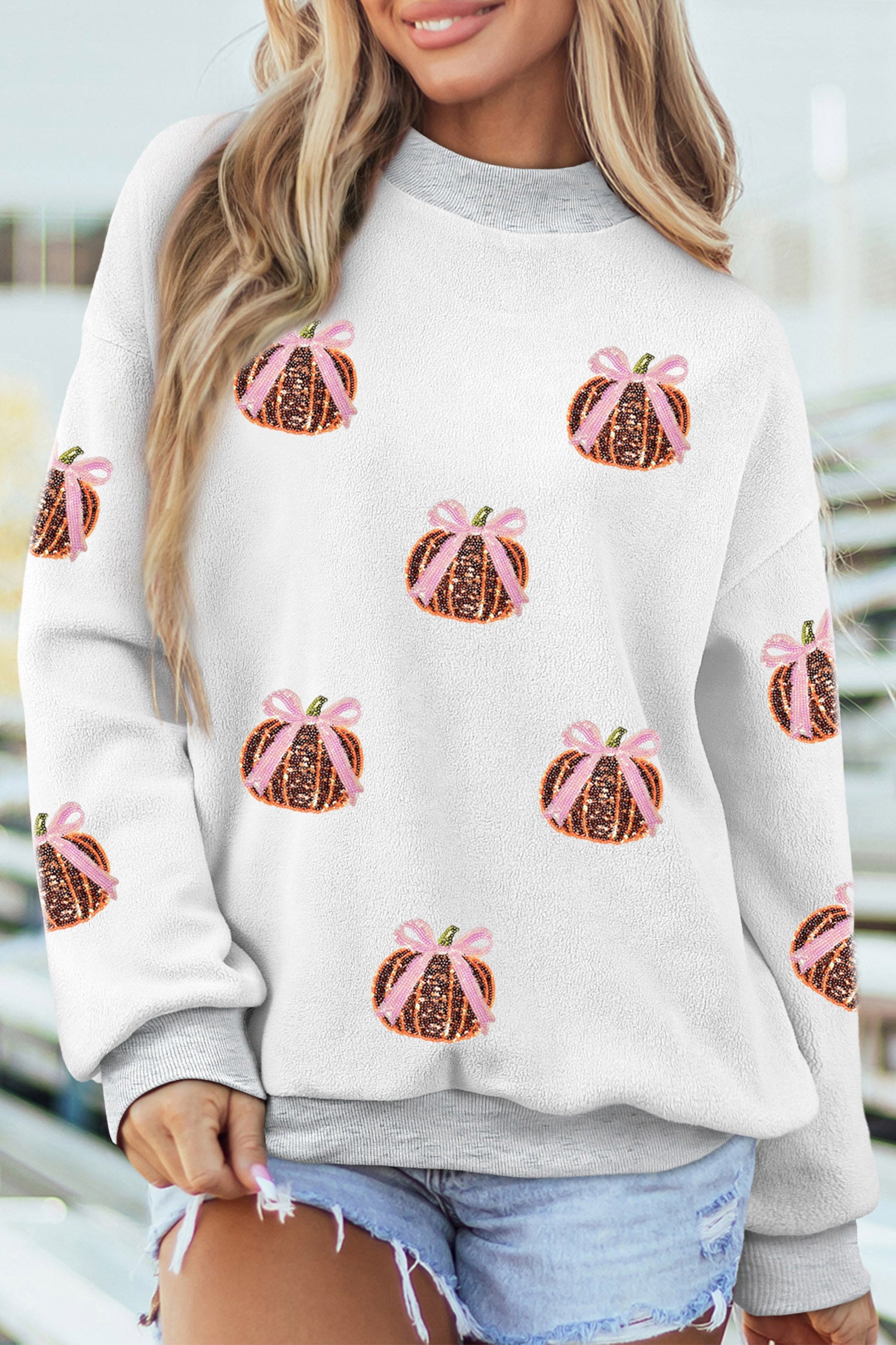Light Grey Sequin Bow Pumpkin Patch Color Block High Neck Sweatshirt - Aaria Tees Aaria Tees