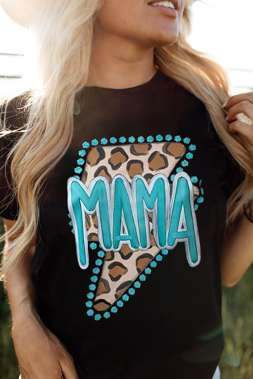 Black Western MAMA Leopard Lightning Graphic Tee - Aaria Tees Aaria Tees