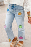 Beau Blue Sequin Pumpkin Patched Graphic Casual Shift Jeans - Aaria Tees Aaria Tees