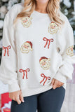 White Corded Rib Sequin Santa Bow Patched Drop Shoulder Graphic Sweatshirt Aaria Tees
