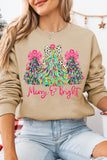 Khaki Merry & Bright Christmas Tree Print Pullover Sweatshirt - Aaria Tees Aaria Tees