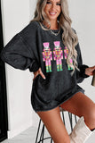 Black Christmas Sequined Nutcrackers Mineral Wash Corded Sweatshirt Aaria Tees