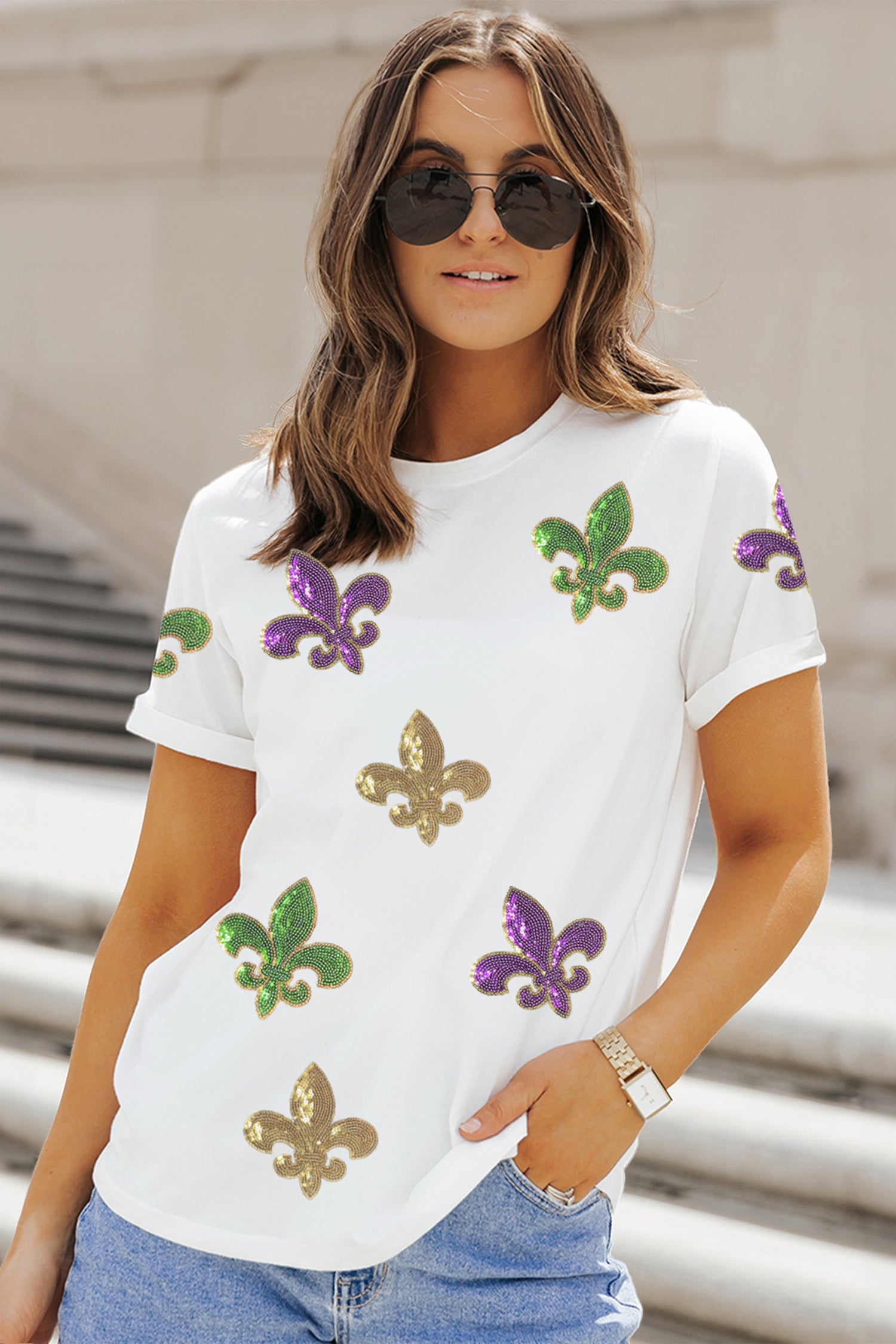 White Mardi Gras Fleur De Lis Sequin Graphic T Shirt - Aaria Tees Aaria Tees