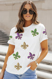 White Mardi Gras Fleur De Lis Sequin Graphic T Shirt - Aaria Tees Aaria Tees