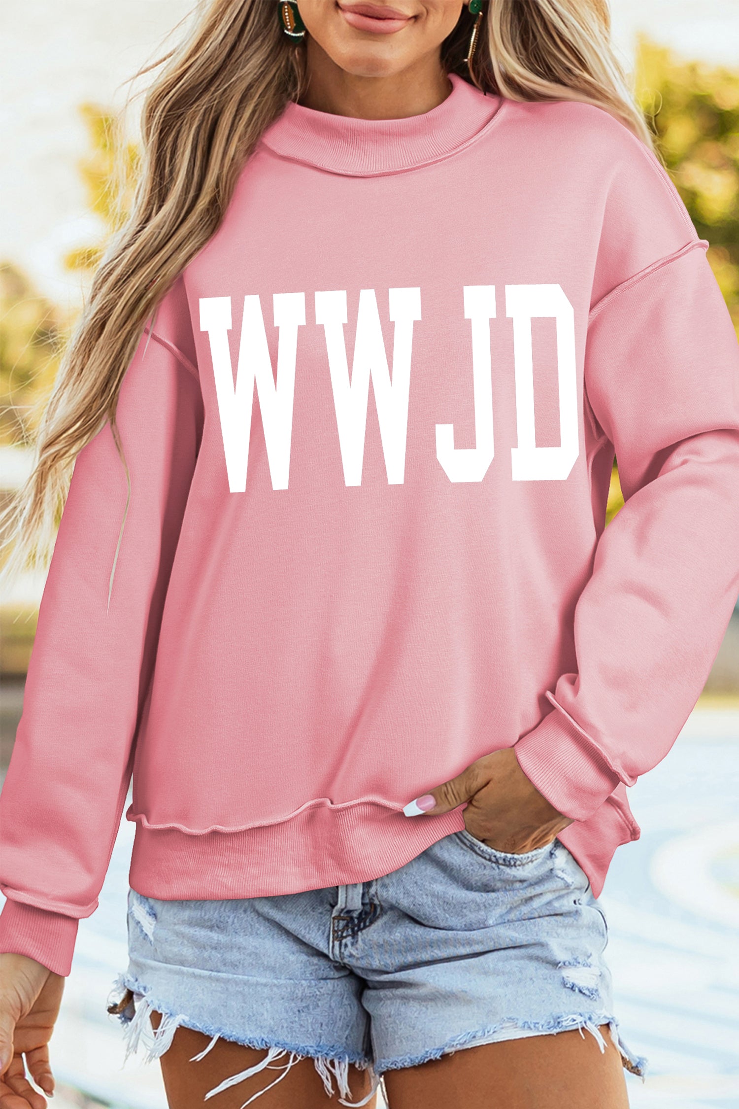 Light Pink WWJD/ AMEN Double Side Printed Mock Neck Reversible Sweatshirt - Aaria Tees Aaria Tees