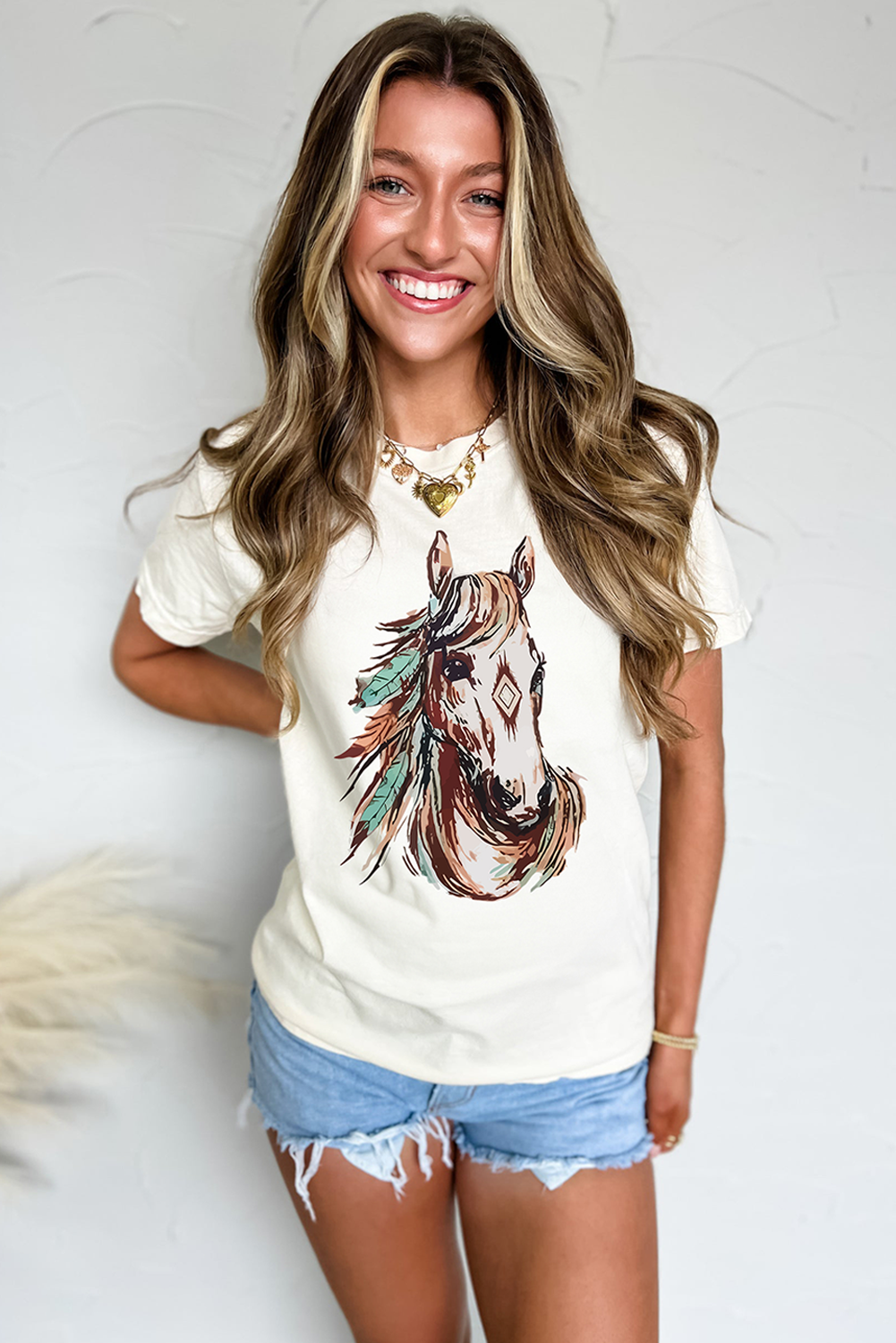 White Western Aztec Horse Graphic Crewneck Tee - Aaria Tees Aaria Tees