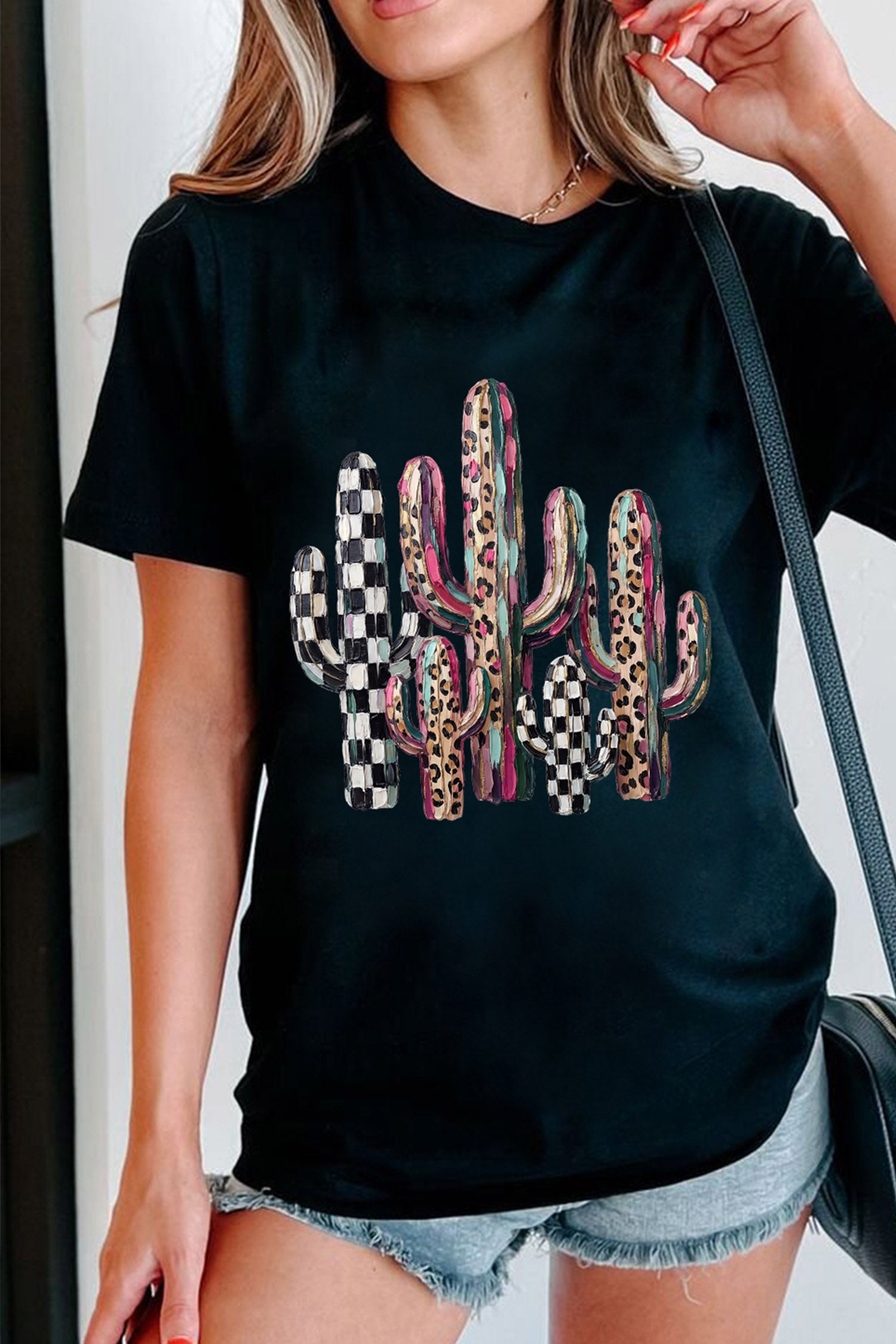 Black Mixed Pattern Cactus Graphic Print Relaxed T-Shirt - Aaria Tees Aaria Tees