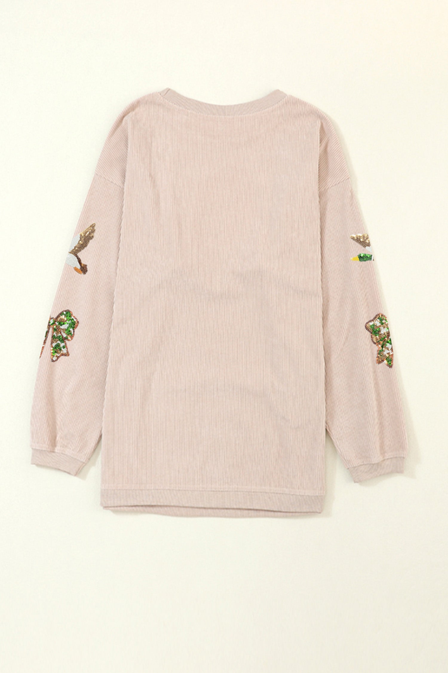 Apricot Twisted Rib Sequin Patched Mallard Bow Pattern Oversized Sweatshirt - Aaria Tees Aaria Tees