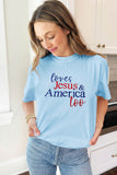 Light Blue Loves Jesus & America Too Patriotic Slogan Embroidered T Shirt Aaria Tees