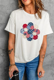 White Faux Patchwork Patriotic Flower Printed T Shirt Aaria Tees