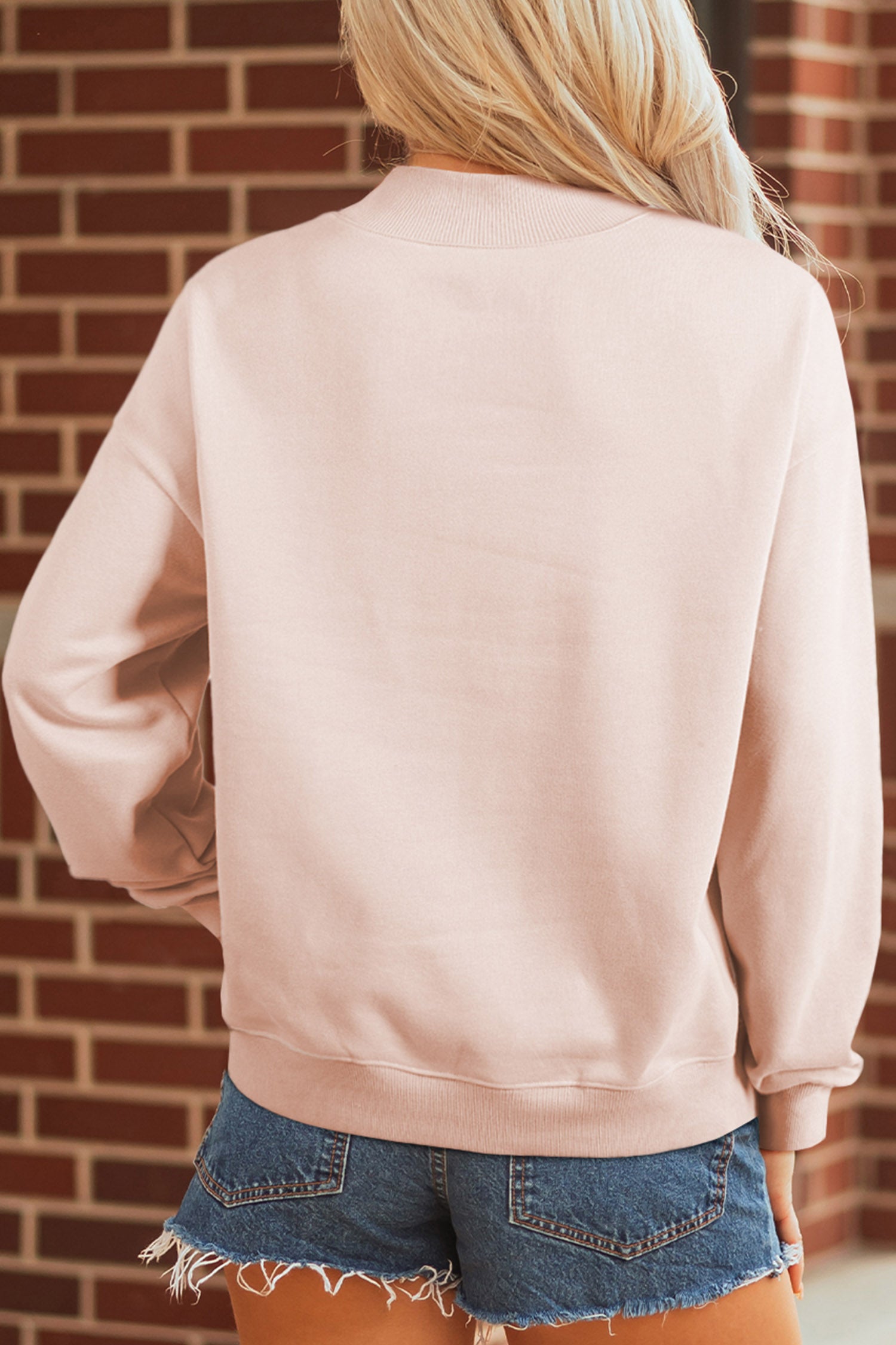 Apricot Pink Camo Print Letter Graphic Mock Neck Sweatshirt - Aaria Tees Aaria Tees