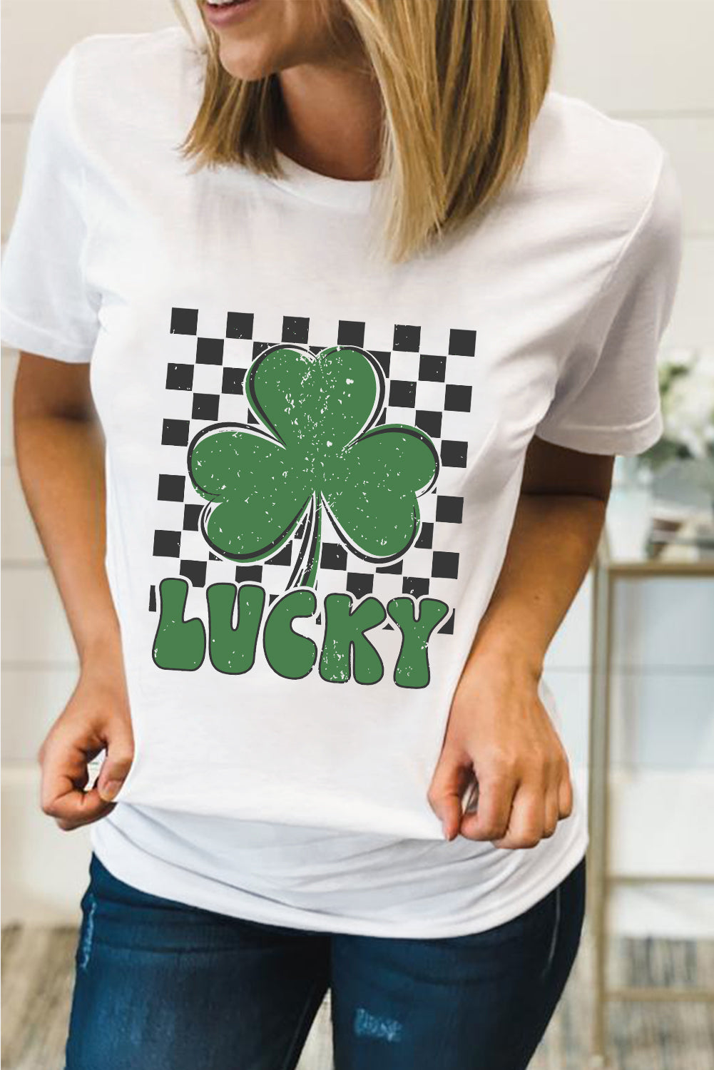 White Checker LUCKY Clover Printed St Patricks T Shirt - Aaria Tees Aaria Tees