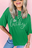 Bright Green Ceramic Rhinestone Lucky Clover Graphic Tee Aaria Tees