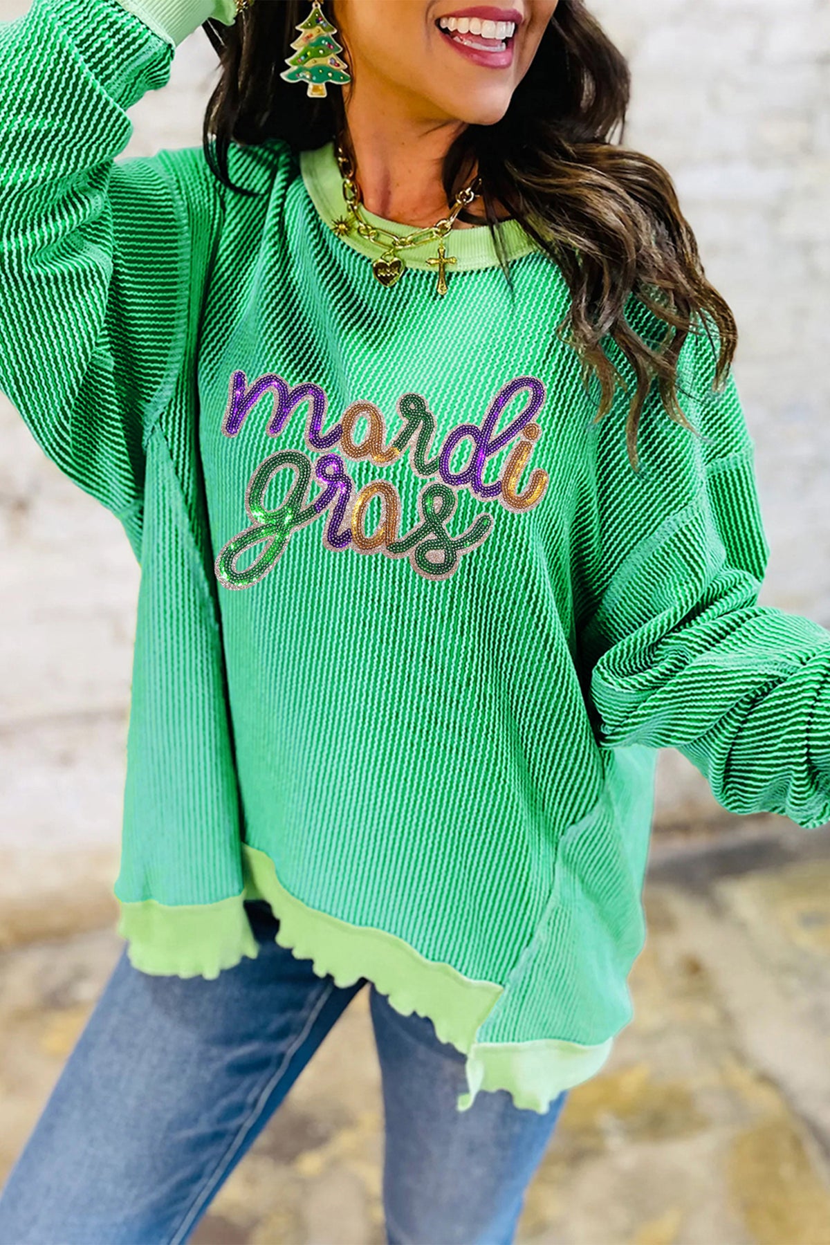 Bright Green Twisted Ribbed mardi gras Sequin Graphic Exposed Seam Patchwork Pullover Top - Aaria Tees