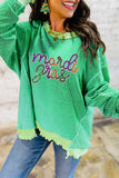 Bright Green Twisted Ribbed mardi gras Sequin Graphic Exposed Seam Patchwork Pullover Top - Aaria Tees Aaria Tees
