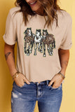 Khaki Sequin Horses Patched Casual Crewneck T Shirt Aaria Tees
