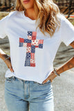 White Faux Patchwork Print Patriotic Cross Tee Aaria Tees