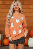 Orange Twisted Ribbed Texture Halloween Ghost Sequin Patched Sweatshirt Aaria Tees