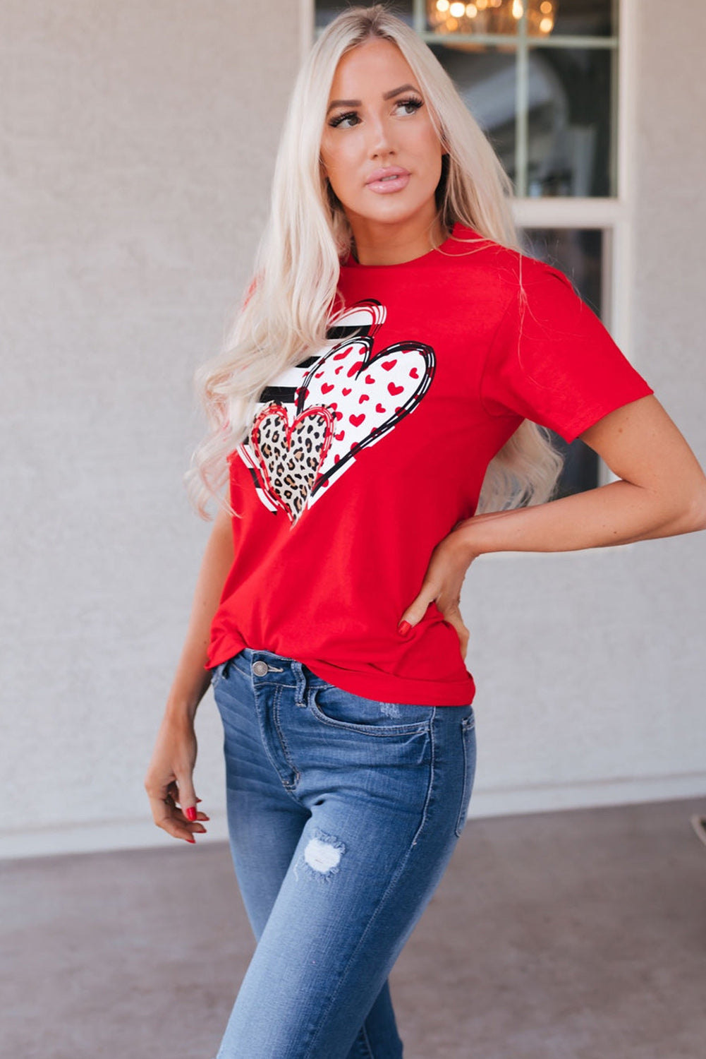 Red Leopard Striped Heart Shaped Print Crew Neck T Shirt - Aaria Tees Aaria Tees