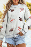 Light Grey Sequin Rugby Bow Graphic Mock Neck Relaxed Pullover Sweatshirt Aaria Tees