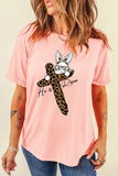 Pink He is Risen Easter Bunny Leopard Cross Graphic Tee Aaria Tees
