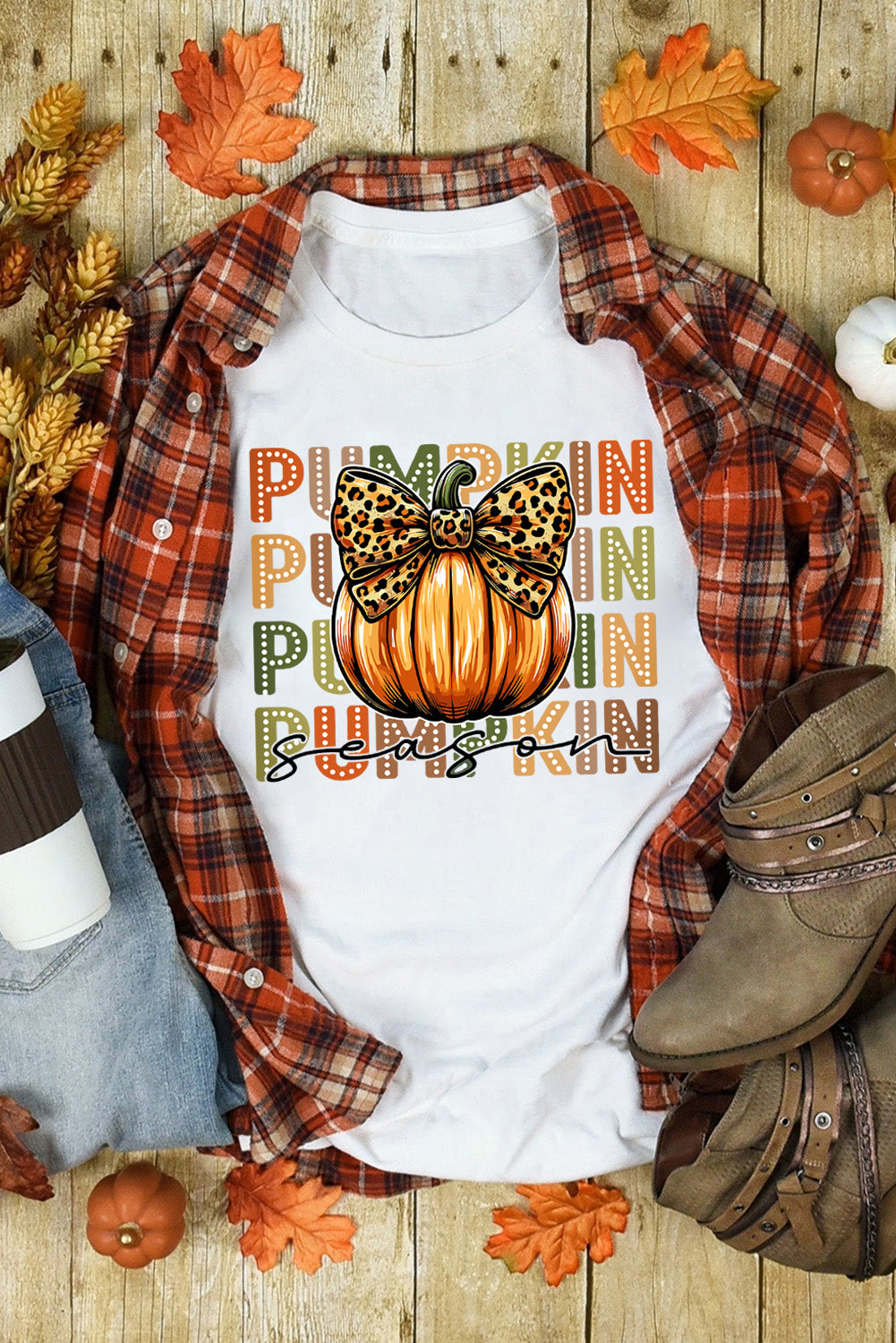 White PUMPKIN Season Leopard Bow Print Crew Neck T Shirt - Aaria Tees Aaria Tees