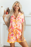 Pink Short Sleeve Pumpkin Print Pocket Placket Shell Button Lounge Set - Aaria Tees Aaria Tees