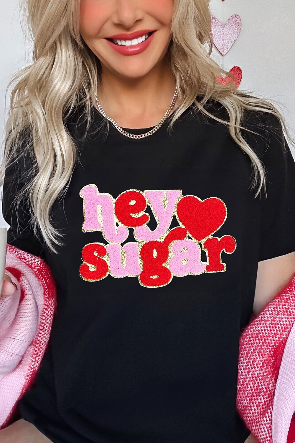 Black Chenille Heart hey sugar Patched Crewneck Valentines Tee - Aaria Tees Aaria Tees