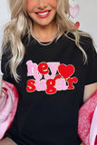 Black Chenille Heart hey sugar Patched Crewneck Valentines Tee - Aaria Tees Aaria Tees