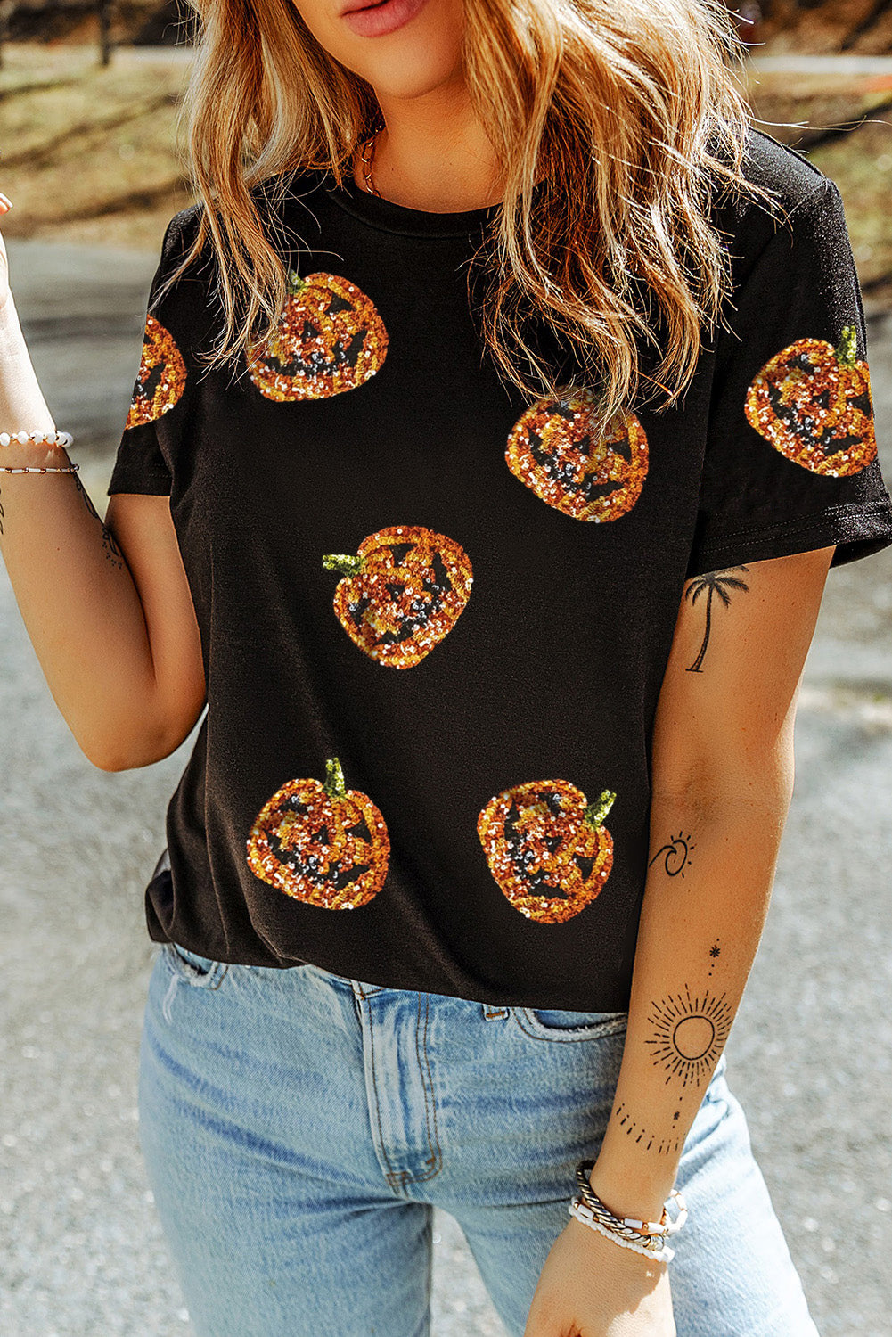 Black Sequin Pumpkin Face Halloween T Shirt - Aaria Tees Aaria Tees