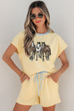 Yellow Cream Ribbed Knit Two Piece Set Sequin Horse Patched Casual Short Set - Aaria Tees Aaria Tees